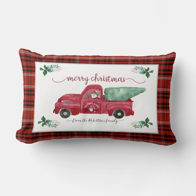 Cojín Lumbar Navidades Gnome Tree Farm Red Truck Plaid (Anverso)