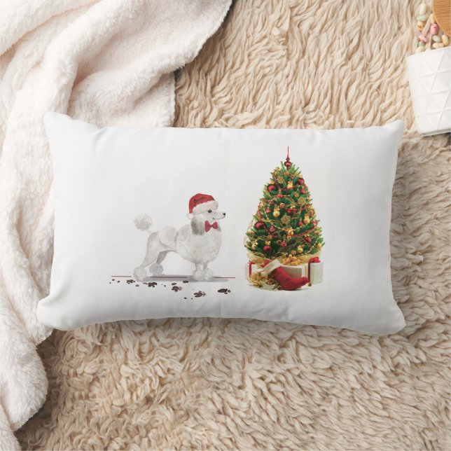 Cojín Lumbar Navidades graciosos de White Poodle con árbol (Manta)