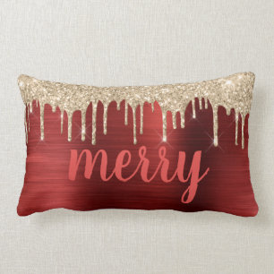 Cojín Lumbar Navidades purpurinas de la tipografía metálica roj