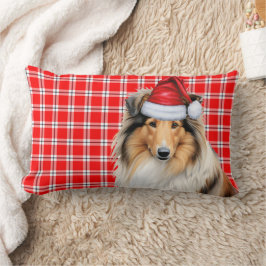 Cojín Lumbar Navidades Rough Collie Dog Red Holiday Plaid