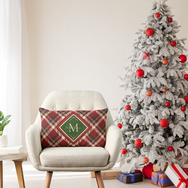 Cojín Lumbar Navidades rusos Monograma Red Green Plaid (Subido por el creador)