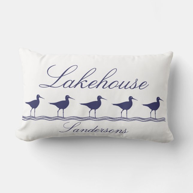 Cojín Lumbar Navy Blue Sandpiper Bird Lakehouse (Anverso)