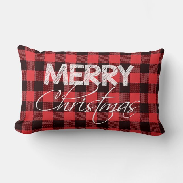 Cojín Lumbar Negro rojo de búfalo revestido | Feliz Navidad (Anverso)