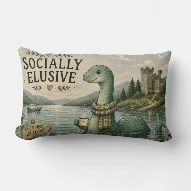 Cojín Lumbar Nessie críptida acogedora socialmente esquiva Loch (Anverso)