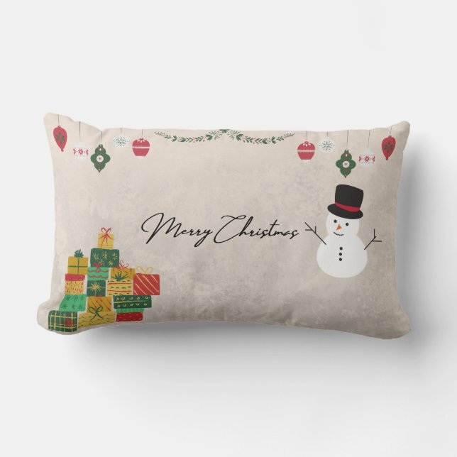 Cojín Lumbar Nieve decorativa azul y bola blanca Feliz Navidad (Anverso)