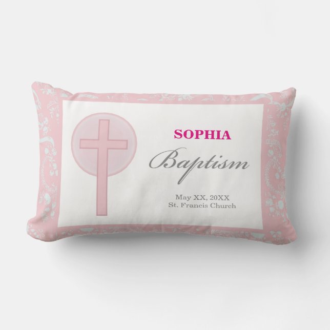 Cojín Lumbar Niña de Encaje Rosa Bautizo (Anverso)