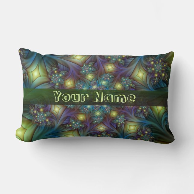 Cojín Lumbar Nombre de arte fractal azul violeta e iluminado (Anverso)