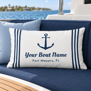 Cojín Lumbar Nombre de barco con franja de ancla naval blanca n