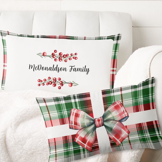 Cojín Lumbar Nombre de familia Navidades Regalo de cosecha de v (custom Family Name Christmas Vintage Gift Plaid Red Green Lumbar Pillow traditional bow watercolor )
