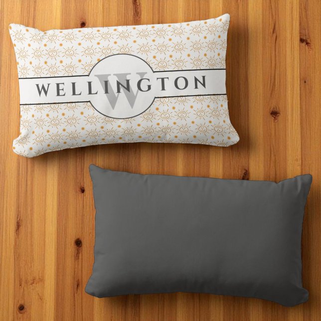 Cojín Lumbar Nombre de monograma gris divertido Sol dibujado a  (front and back monogram template lumbar pillow)