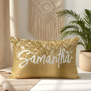 Cojín Lumbar Nombre de secuencia de pincel Glam Glittery Gold