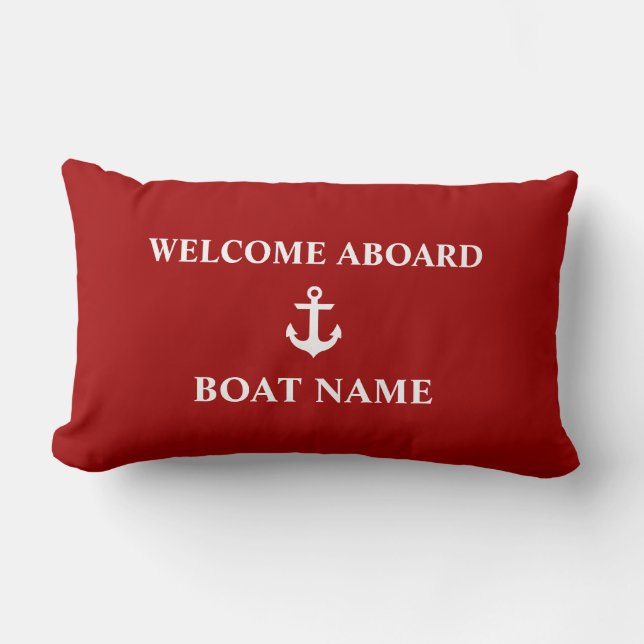 Cojín Lumbar Nombre del barco de bienvenida roja náutica (Anverso)