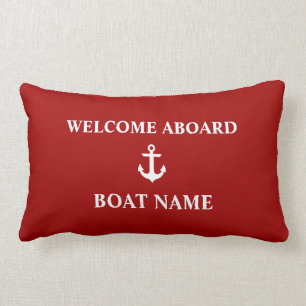 Cojín Lumbar Nombre del barco de bienvenida roja náutica