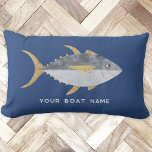 Cojín Lumbar Nombre del barco de pescado del atún<br><div class="desc">Pescado divertido del atuna con una sonrisa descarada,  perfecto para su barco o casa de playa. Arte original de Nic Squirrell. Cambie el nombre o el texto del barco para personalizar.</div>