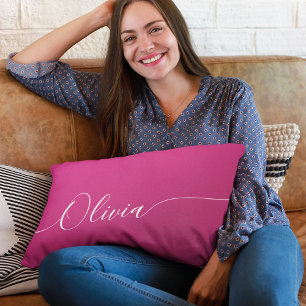 Cojín Lumbar Nombre en caligrafía blanca con brillo rosa