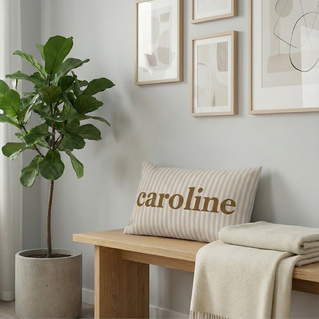 Cojín Lumbar Nombre marrón personalizado de raya retro pastel (Subido por el creador)