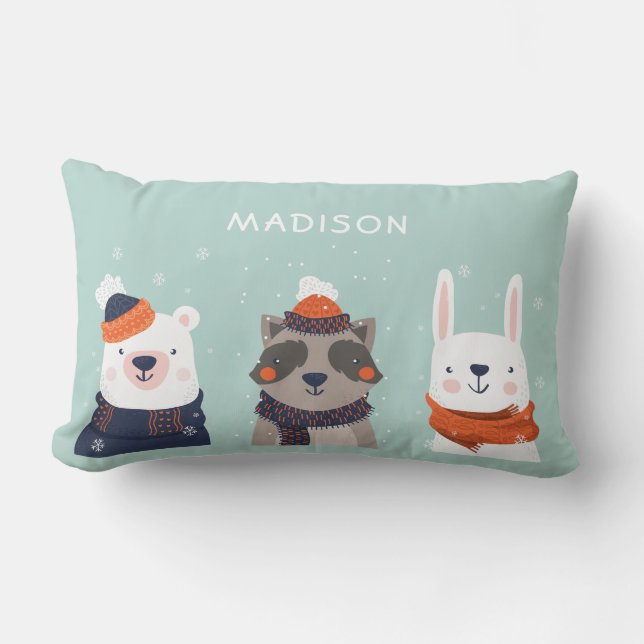 Cojín Lumbar Nombre personalizado Invierno Los animales tiran a (Anverso)