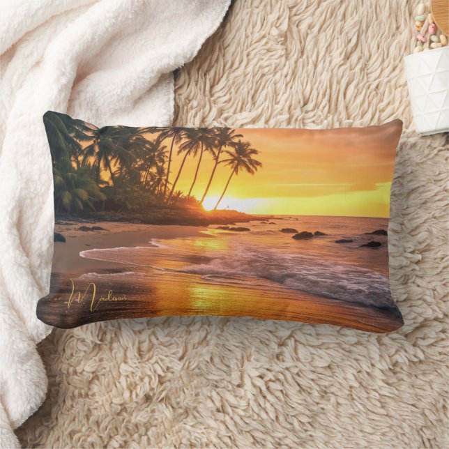 Cojín Lumbar Nombre personalizado Sunset de playa tropical (Manta)
