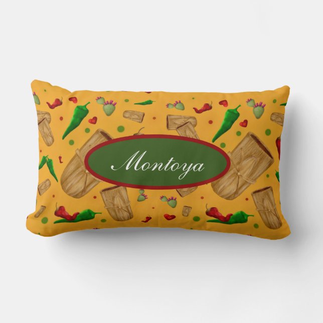 Cojín Lumbar Nuevo México Chile rojo y verde Tamales Zia Nopale (Anverso)