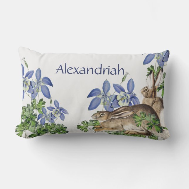 Cojín Lumbar Nursery Cute Floral Azul Conejo acuarela Bunny (Anverso)