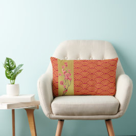 Cojín Lumbar Olas asiáticas de oro rojo con acento de flores de