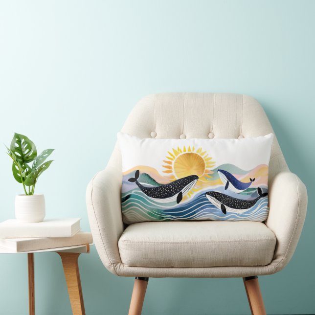 Cojín Lumbar Olas azules bohemias y ballenas felices (Silla)