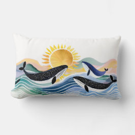 Cojín Lumbar Olas azules bohemias y ballenas felices