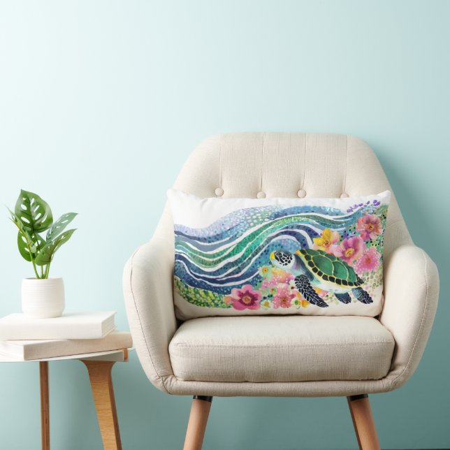 Cojín Lumbar Olas azules bohemias y tortuga feliz (Silla)
