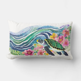 Cojín Lumbar Olas azules bohemias y tortuga feliz