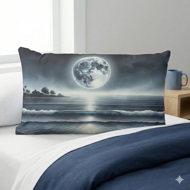 Cojín Lumbar Olas oceánicas iluminadas por luna Celestial Noctu (Moonlit Ocean Waves Celestial Night Sky Lumbar Pillow Mockup A)