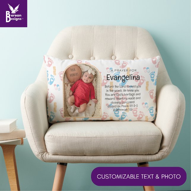 Cojín Lumbar Oración cristiana para bebés personalizada Keepsak (Cute Christian baby keepsake lumbar pillow w/ customizable photo and blessing. Ideal for new parents)