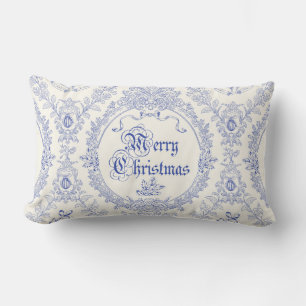 Cojín Lumbar Ornate Classic Vintage Merry Christmas Blue Toile
