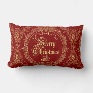 Cojín Lumbar Ornato Clásico Vintage Rojo Dorado Feliz Navidad