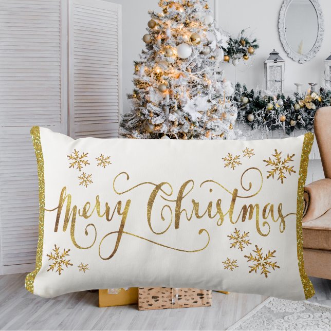 Cojín Lumbar Oro festivo, blanco, Feliz Navidad (Festive Gold, White, Merry Christmas Lumbar Pillow)