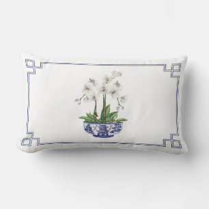 Cojín Lumbar Orquídea blanca en tazón de Chinoiserie azul y bla