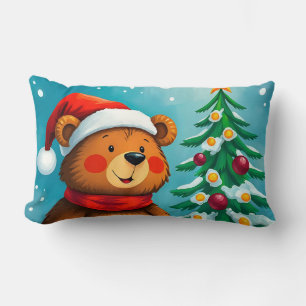 Cojín Lumbar Oso Lindo con Gorro de Santa junto al Árbol de Nav