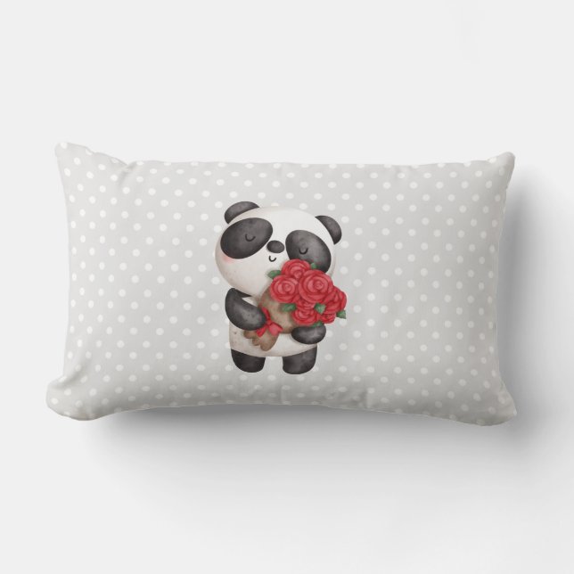 Cojín Lumbar Oso Panda Lindo con Ramo de Rosas (Anverso)