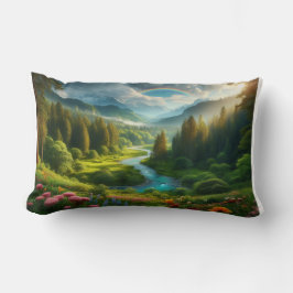 Cojín Lumbar Paisaje del río Impresionista Verde Soñado