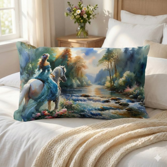 Cojín Lumbar Paisaje onírico de la amazona del río del bosque e (Watercolor Forest River Horsewoman Dreamscape Lumbar Pillow Mockup a)