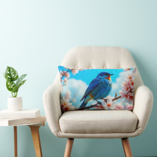 Cojín Lumbar Pájaro azul azur en rama de flor de cerezo