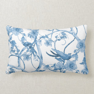 Cojín Lumbar Pájaro color azul blanco en cosecha floral de árbo
