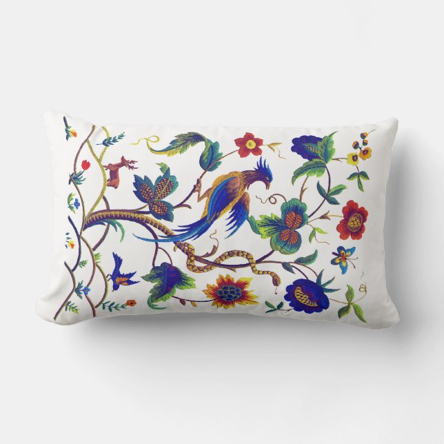 Cojín Lumbar Pájaro del paraíso Faux Jacobean Embroidery Pillow (Anverso)