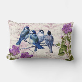 Cojín Lumbar Pájaros Azules Antiguos, Flores Purpúreas, Música 