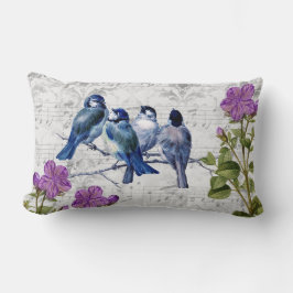 Cojín Lumbar Pájaros Azules Antiguos Flores Purpúreas Partitura