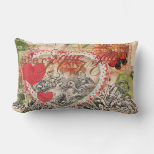 Cojín Lumbar Pájaros del Corazón Arte Collage Rojo Amor