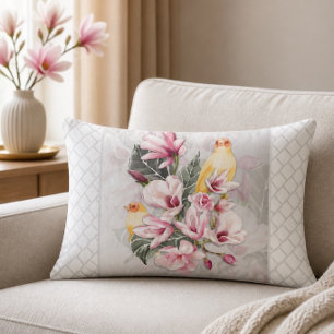 Cojín Lumbar Pájaros y flores de magnolia rosadas