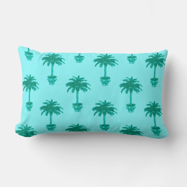 Cojín Lumbar Palmeras potentes en Turquesa y Aqua (Anverso)