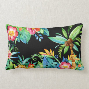 Cojín Lumbar Palmeras tropicales y acuarela floral negro