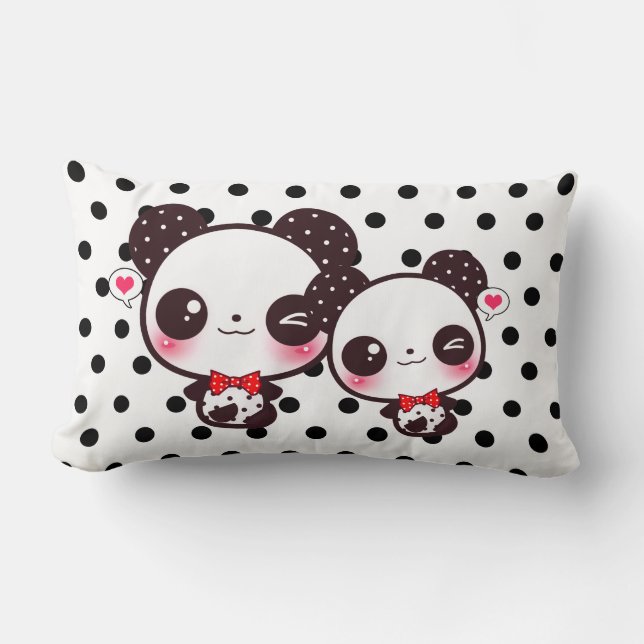 Cojín Lumbar Pandas de Kawaii en lunares negros (Anverso)