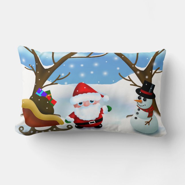 Cojín Lumbar Papá Noel y muñeco de nieve de Navidad (Anverso)